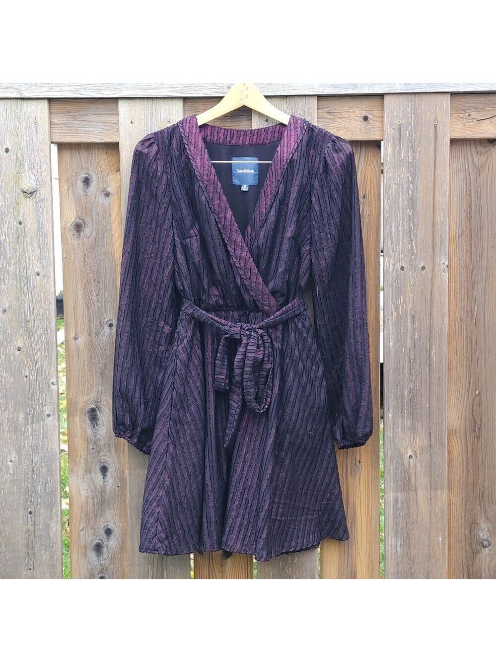 PURPLE Shimmer Modcloth Belted Party Dress Woman's Medium Long Sleeve